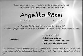 Traueranzeige von Angelika Rösel von Hersbrucker Zeitung