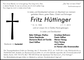Traueranzeige von Fritz Hüttinger von Hersbrucker Zeitung