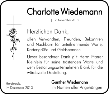 Traueranzeige von Charlotte Wiedemann von Hersbrucker Zeitung