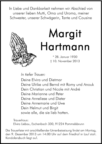 Traueranzeige von Margit Hartmann von Hersbrucker Zeitung