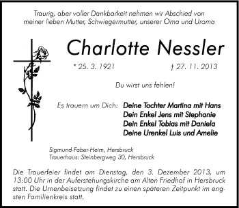 Traueranzeige von Charlotte Nessler von Hersbrucker Zeitung
