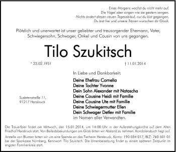 Traueranzeige von Tilo Szukitsch von Hersbrucker Zeitung