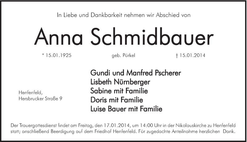  Traueranzeige für Anna Schmidbauer vom 16.01.2014 aus Hersbrucker Zeitung