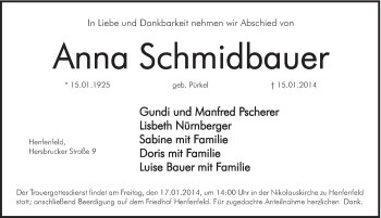 Traueranzeige von Anna Schmidbauer von Hersbrucker Zeitung