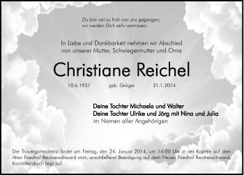 Traueranzeige von Christiane Reichel von Hersbrucker Zeitung