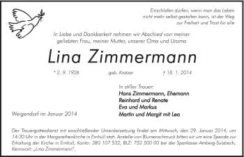 Traueranzeige von Lina Zimmermann von Hersbrucker Zeitung