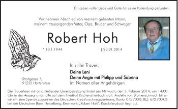 Traueranzeige von Robert Hoh von Hersbrucker Zeitung