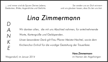 Traueranzeige von Lina Zimmermann von Hersbrucker Zeitung