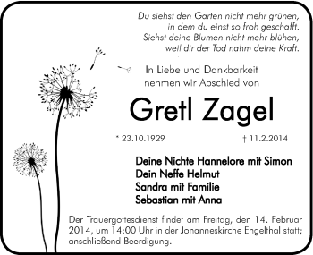 Traueranzeige von Gretl Zagel von Hersbrucker Zeitung