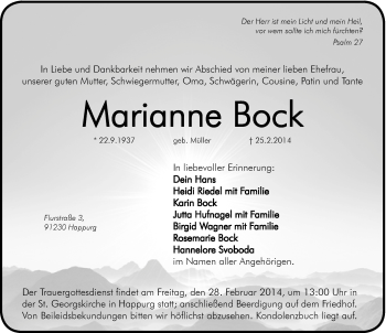 Traueranzeige von Marianne Bock von Hersbrucker Zeitung