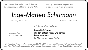 Traueranzeige von Inge-Marlen Schumann von Hersbrucker Zeitung