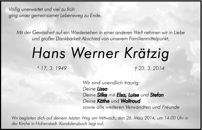 Traueranzeige für Hans Werner Krätzig vom 25.03.2014 aus Hersbrucker Zeitung
