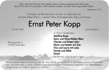 Traueranzeige von Ernst Peter Kopp von Hersbrucker Zeitung