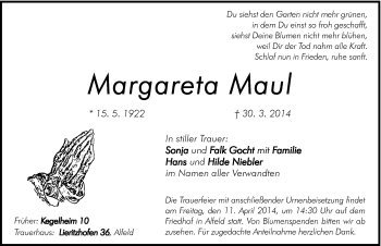 Traueranzeige von Margareta Maul von Hersbrucker Zeitung