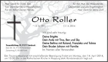 Traueranzeige von Otto Roller von Hersbrucker Zeitung