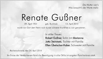 Traueranzeige von Renate Gußner von Hersbrucker Zeitung