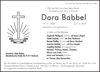 Traueranzeige von Dora Babbel von Hersbrucker Zeitung