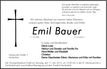 Traueranzeige von Emil Bauer von Hersbrucker Zeitung
