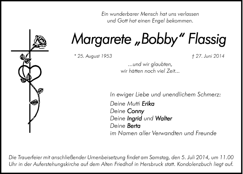  Traueranzeige für Bobby  Flassig vom 03.07.2014 aus Hersbrucker Zeitung