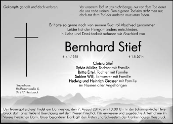 Traueranzeige von Bernhard Stief von Hersbrucker Zeitung