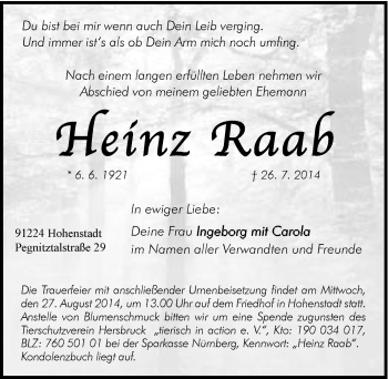Traueranzeige von Ureinz Raab von Hersbrucker Zeitung