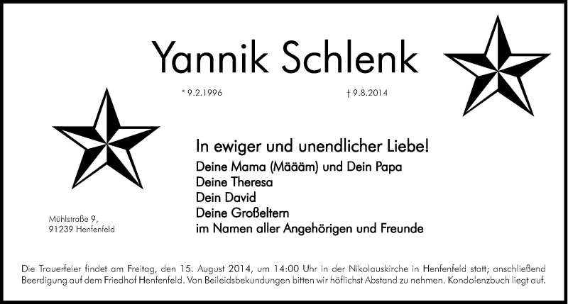  Traueranzeige für Yannik Schlenk vom 13.08.2014 aus Hersbrucker Zeitung
