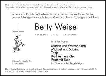 Traueranzeige von Betty Weise von Hersbrucker Zeitung