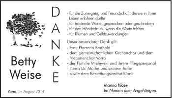 Traueranzeige von Betty Weise von Hersbrucker Zeitung