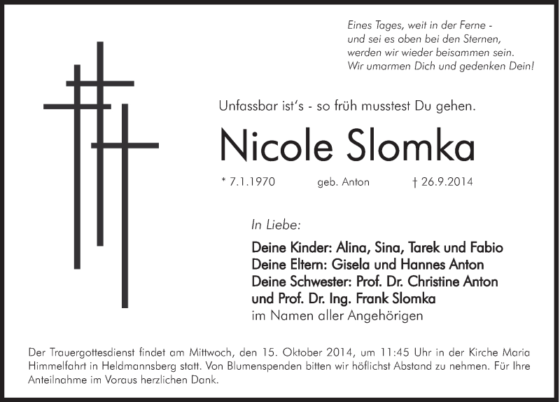  Traueranzeige für Nicole Slomka vom 11.10.2014 aus Hersbrucker Zeitung
