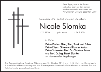 Traueranzeige von Nicole Slomka von Hersbrucker Zeitung
