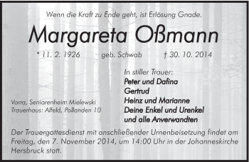 Traueranzeige von Margareta Oßmann von Hersbrucker Zeitung
