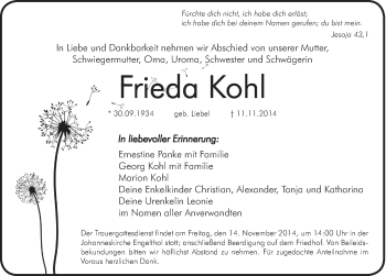 Traueranzeige von Frieda Kohl von Hersbrucker Zeitung