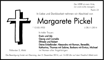 Traueranzeige von Margarete Pickel von Hersbrucker Zeitung