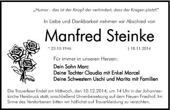 Traueranzeige von Manfred Steinke von Hersbrucker Zeitung