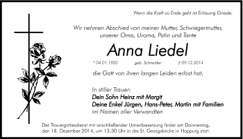 Traueranzeige von Anna Liedel von Hersbrucker Zeitung
