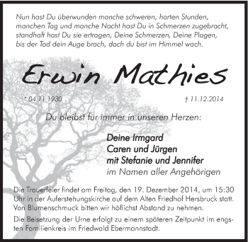 Traueranzeige von Erwin Mathies von Hersbrucker Zeitung