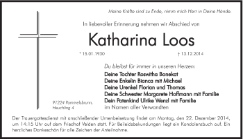 Traueranzeige von Katharina Loos von Hersbrucker Zeitung