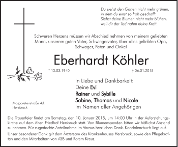 Traueranzeige von Eberhardt Köhler von Hersbrucker Zeitung