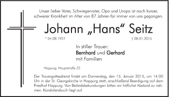 Traueranzeige von Johann Seitz von Hersbrucker Zeitung