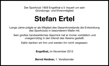 Traueranzeige von Stefan Ertel von Hersbrucker Zeitung
