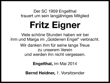 Traueranzeige von Fritz Eigner von Hersbrucker Zeitung