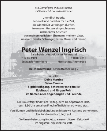 Traueranzeige von Peter Wenzel Ingrisch von Hersbrucker Zeitung