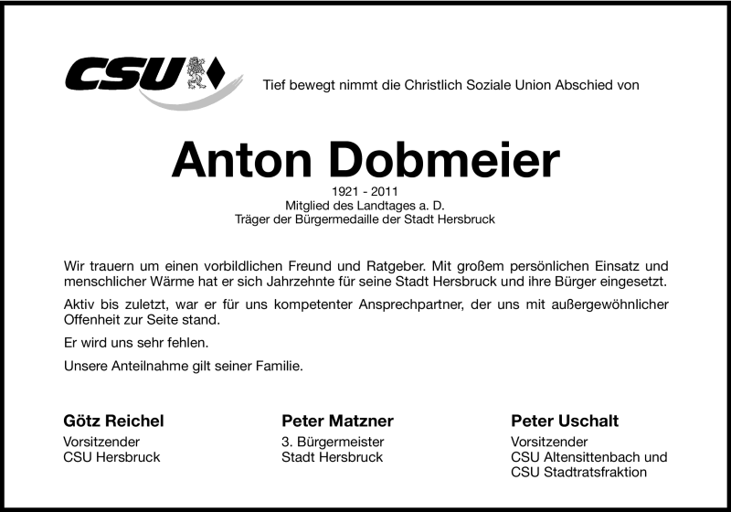  Traueranzeige für Anton Dobmeier vom 10.12.2011 aus Hersbrucker Zeitung