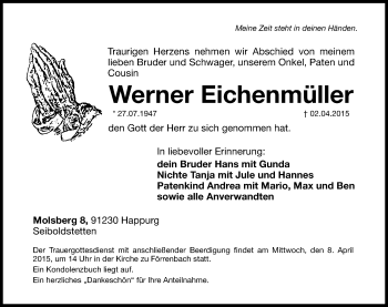 Traueranzeige von Werner Eichenmüller von Hersbrucker Zeitung
