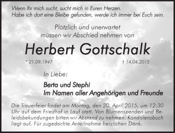 Traueranzeige von Herbert Gottschalk von Pegnitz-Zeitung