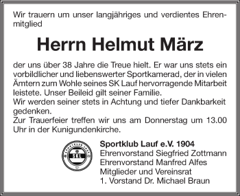 Traueranzeige von Helmut März von Pegnitz-Zeitung
