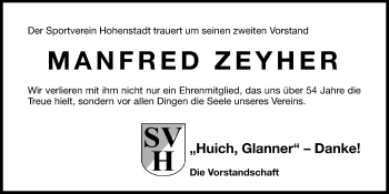 Traueranzeige von Manfred Zeyher von Hersbrucker Zeitung