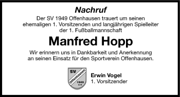 Traueranzeige von Manfred Hopp von Hersbrucker Zeitung