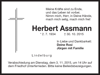 Traueranzeige von Herbert Assmann von Der Bote