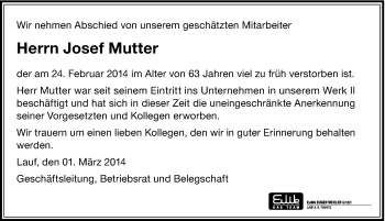 Traueranzeige von Josef Mutter von Hersbrucker Zeitung